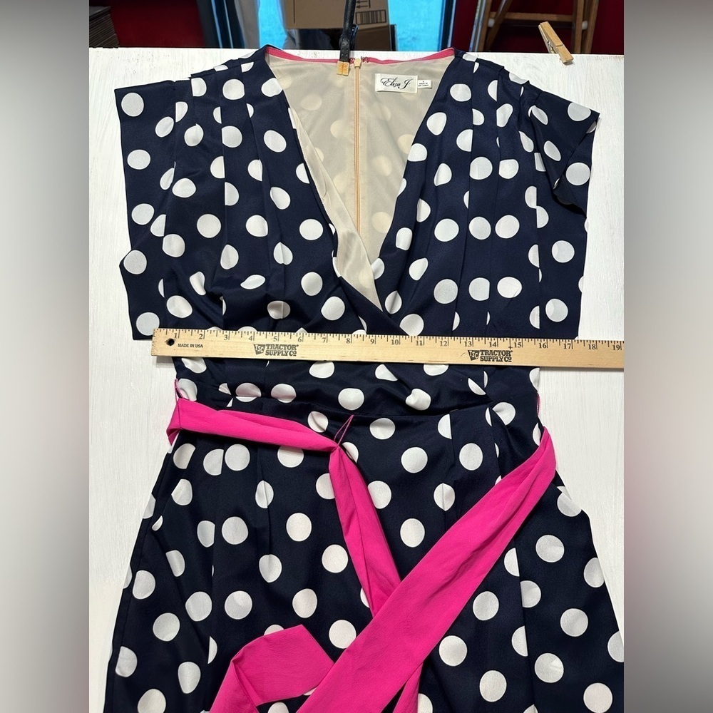 Eliza J Polka Dot Dress Size 8 Navy White Pink Belt Retro Wrap Style - Picture 8 of 9
